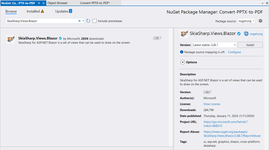 Install SkiaSharp.Views.Blazor v2.88.6 NuGet package
