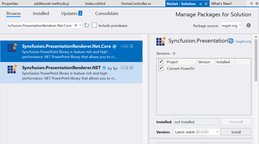 Install Syncfusion.PresentationRenderer.Net.Core NuGet package