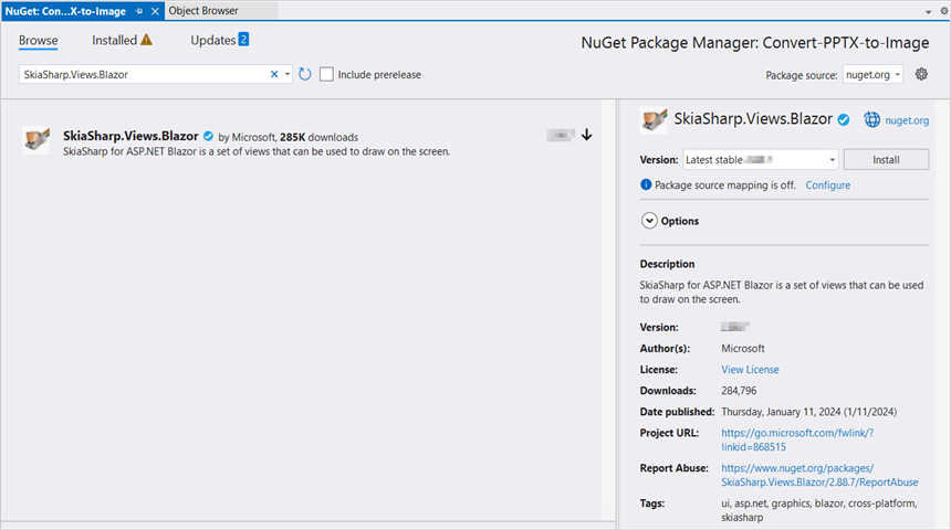 Install SkiaSharp.Views.Blazor v2.88.6 NuGet package