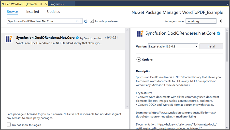 Install DocIORenderer NuGet package in ASP.NET Core
