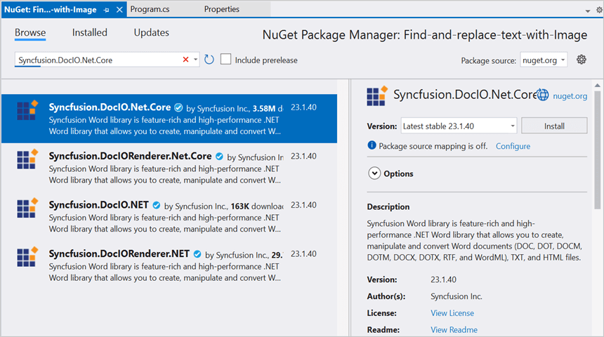 Install DocIO NuGet package in your application