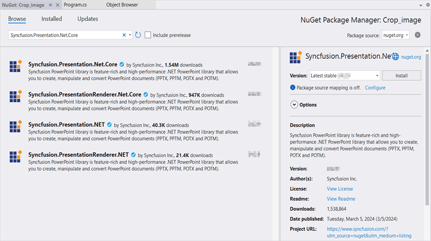 Install Syncfusion.Presentation.Net.Core NuGet Package
