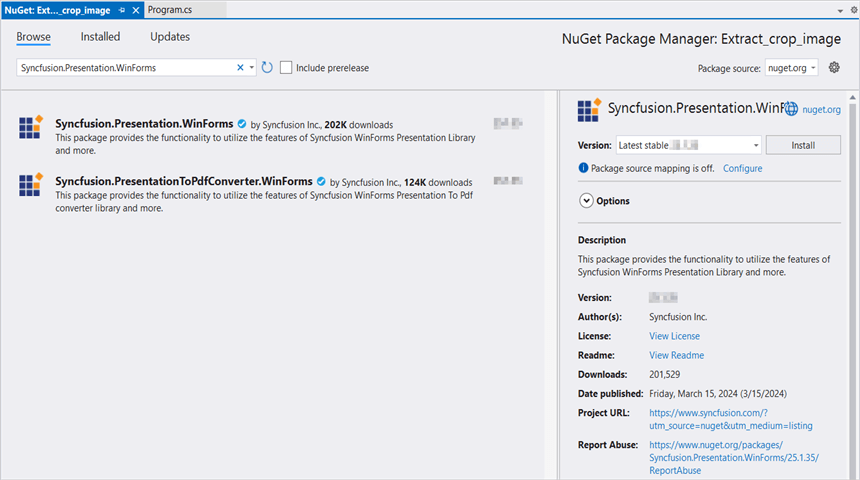 Install Syncfusion.Presentation.WinForms NuGet package