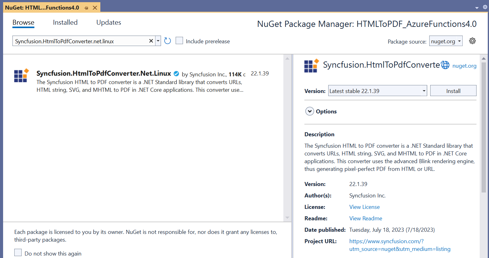 Install latest Linux NuGet package in ASP.NET Core PDF